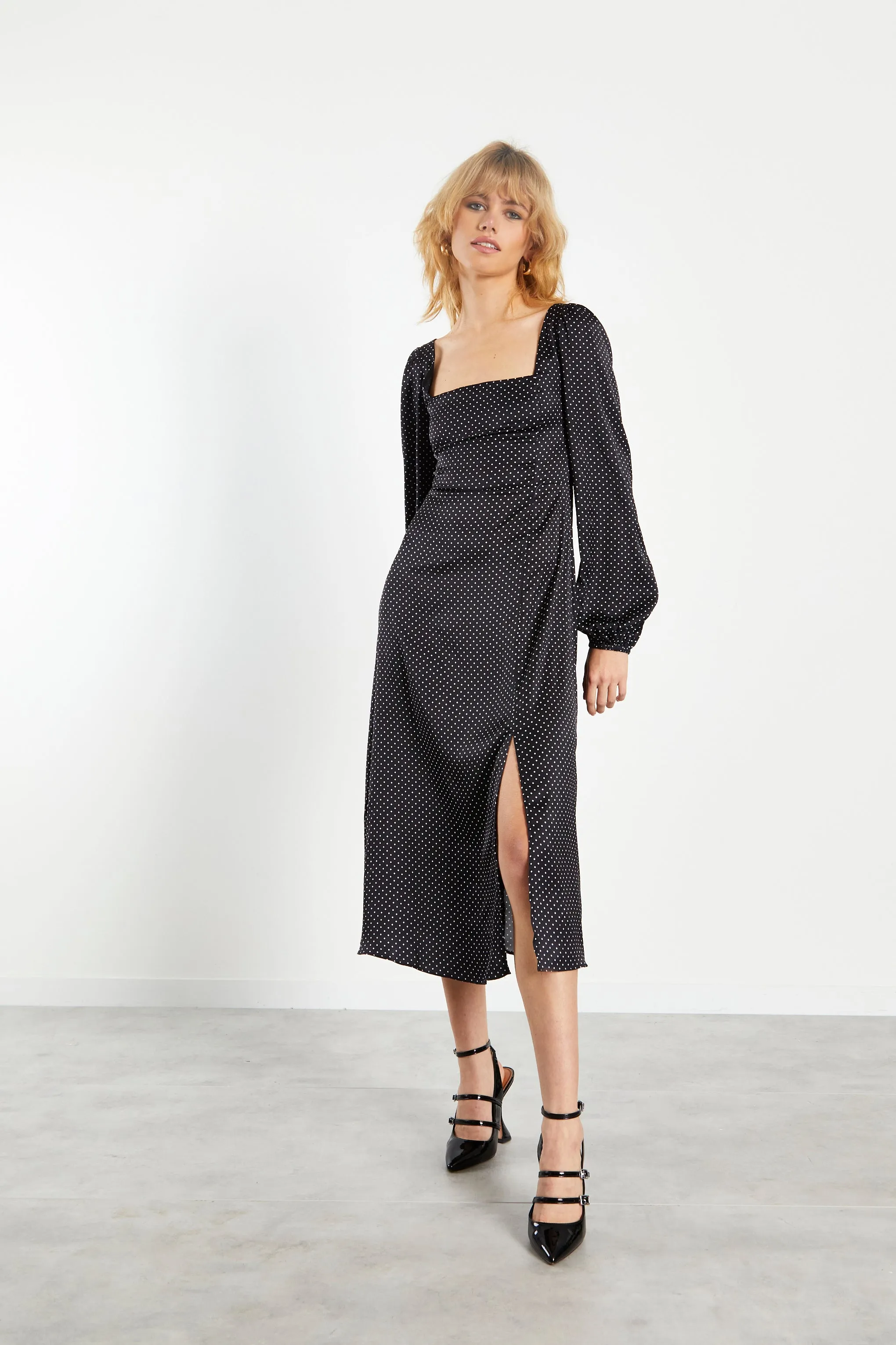 Glamorous Black White Spot Side Split Midi Dress sold by Glamorous