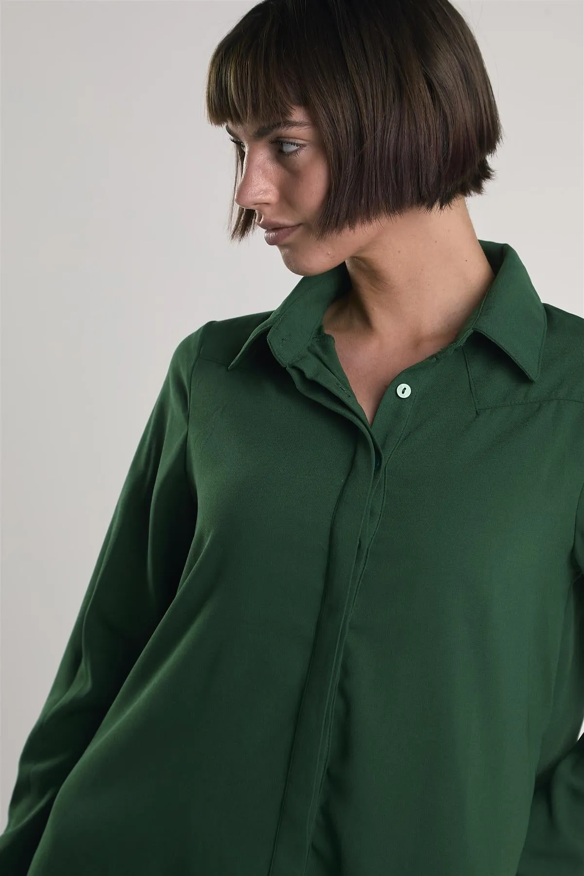 Dark-Green Long-Sleeve-Button-Front Mini Shirt Dress sold by Glamorous product image thumbnail 4