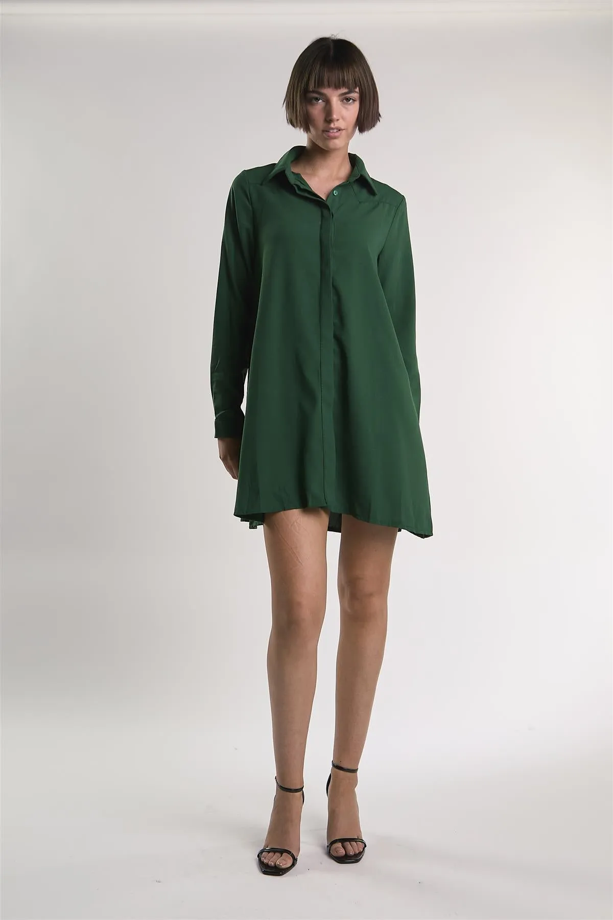 Dark-Green Long-Sleeve-Button-Front Mini Shirt Dress sold by Glamorous product image thumbnail 5