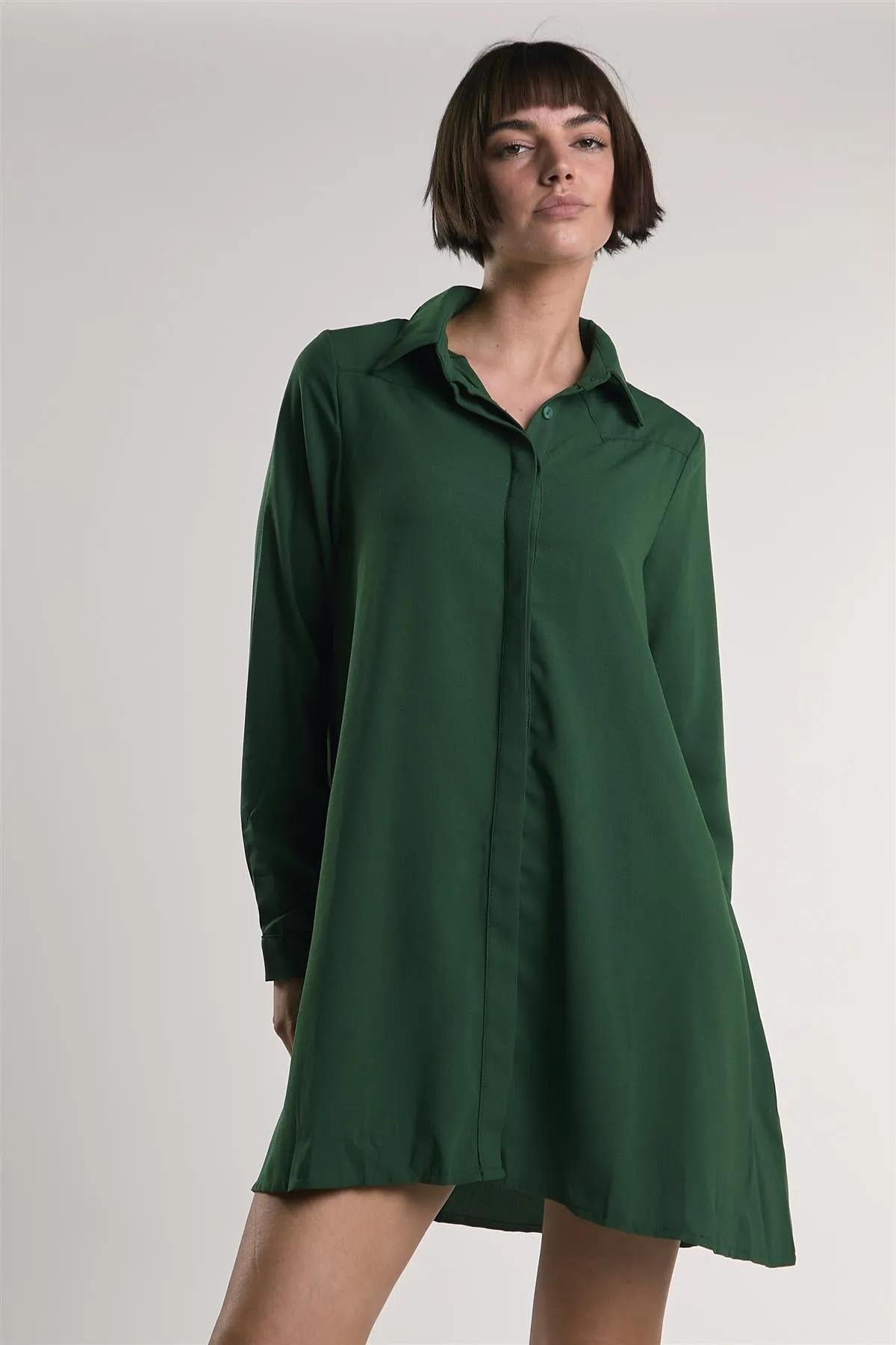 Dark-Green Long-Sleeve-Button-Front Mini Shirt Dress sold by Glamorous product image thumbnail 3