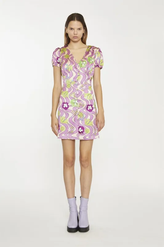 Purple-Swirl-Floral V-Neck-Button-Up Mini-dress sold by Glamorous