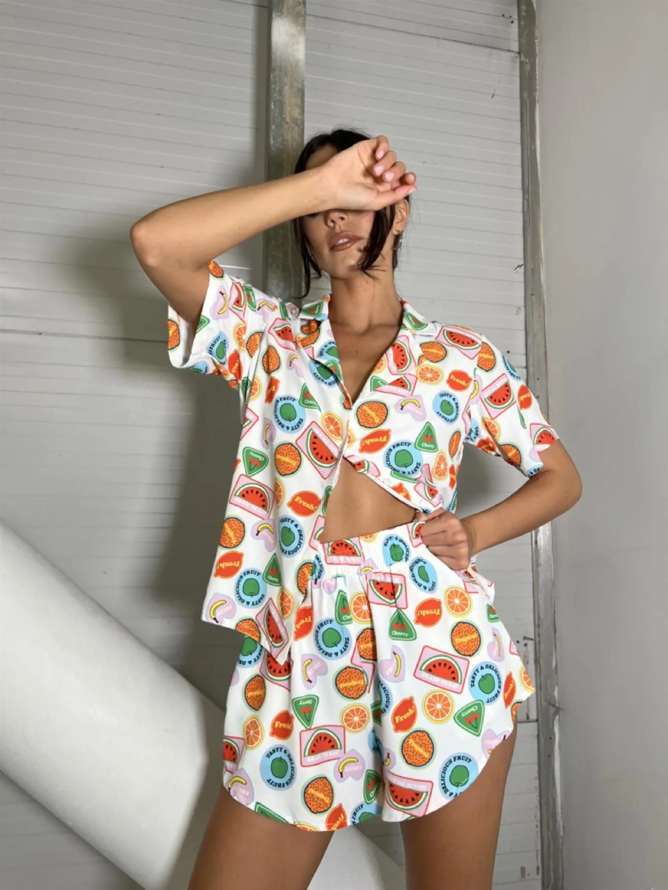 Multi Fruit Stickers Button Front Short-Sleeve-Shirt sold by Glamorous product image thumbnail 3