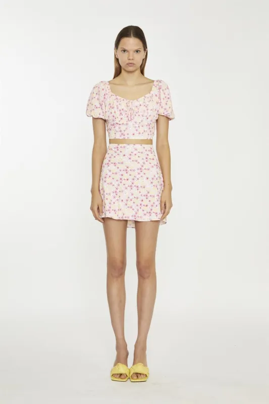 Pink Yellow Bunch Floral Short-Sleeve Tie-Detail Crop-Top made by Glamorous