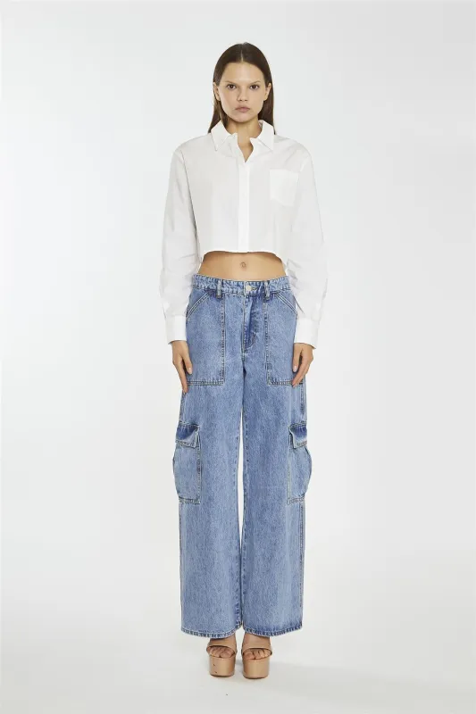 White Long-Sleeve Collared Crop-Shirt sold by Glamorous