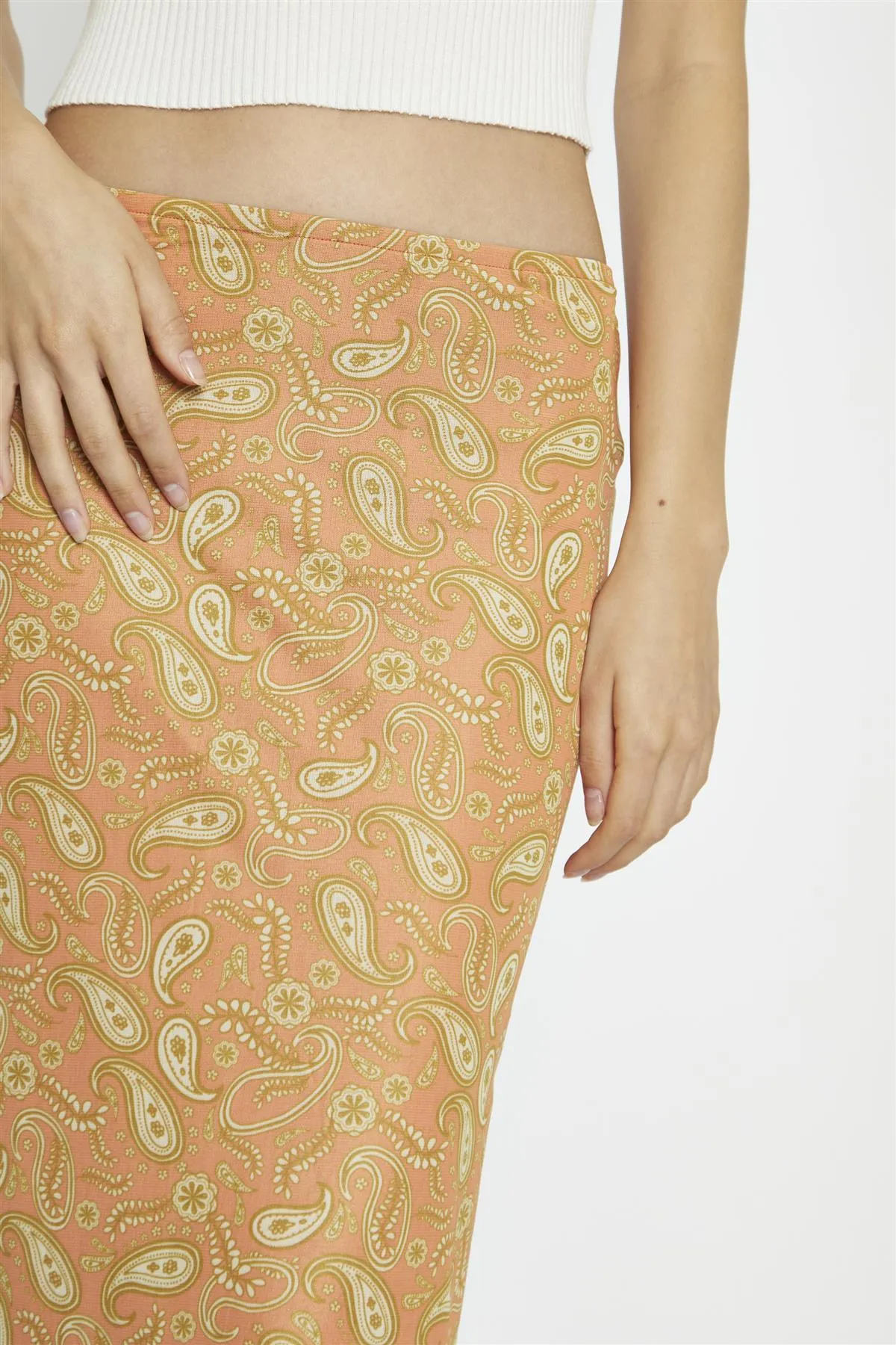 Orange Olive Paisley Mesh Low-Rise Midi-Skirt sold by Glamorous product image thumbnail 4