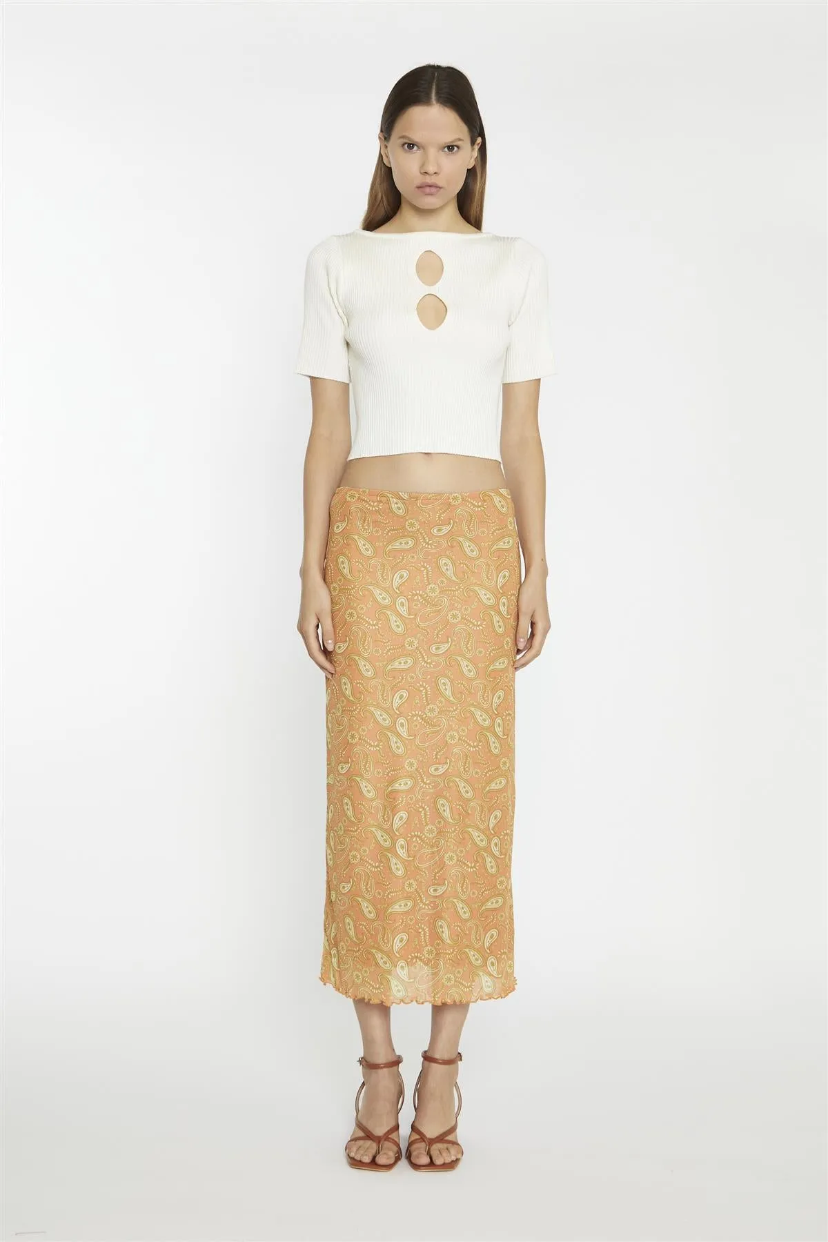 Orange Olive Paisley Mesh Low-Rise Midi-Skirt sold by Glamorous