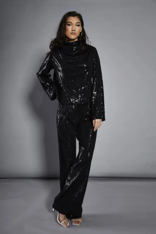 Black Sequin High-Neck Long Sleeve Blouse sold by Glamorous