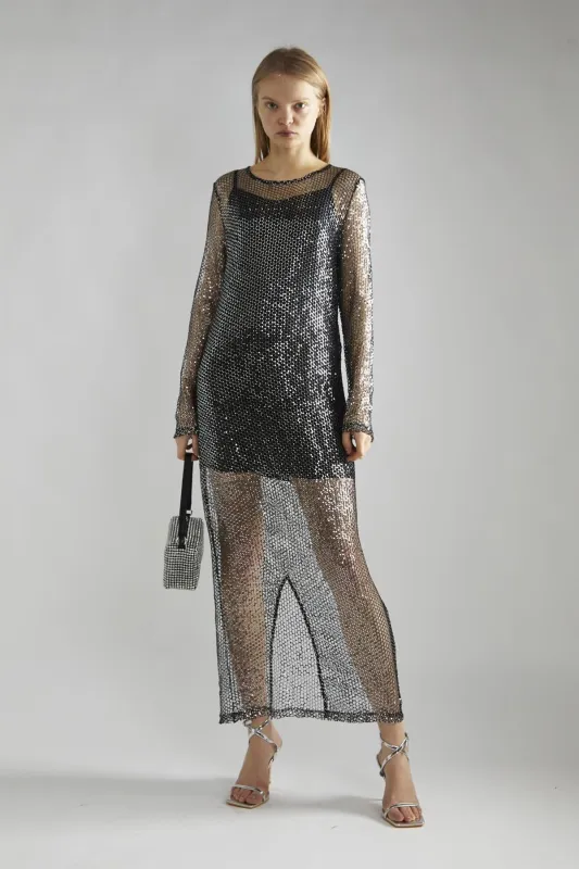 Black-Silver Sequin-Net Midi-Dress sold by Glamorous