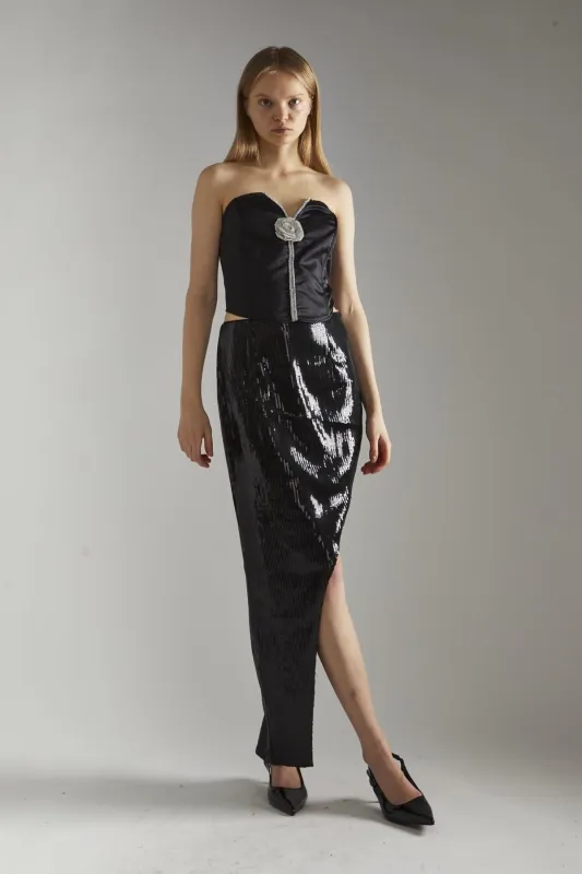 Black-Satin Rhinestone-Flower Strapless Top sold by Glamorous