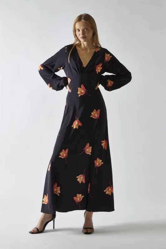 Black-Orange Flower V-neck Midi-Dress made by Glamorous