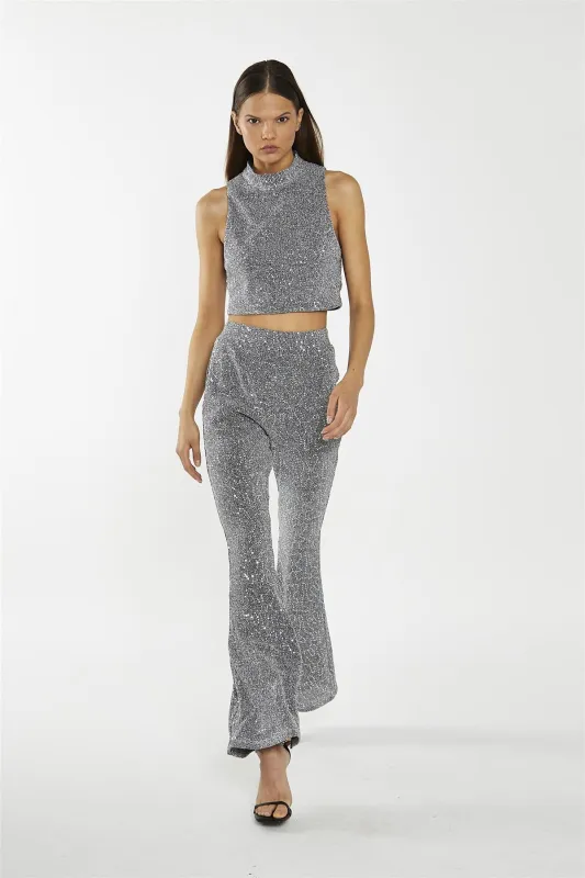 Silver-Sequin Plisse High-Neck Crop-Top sold by Glamorous