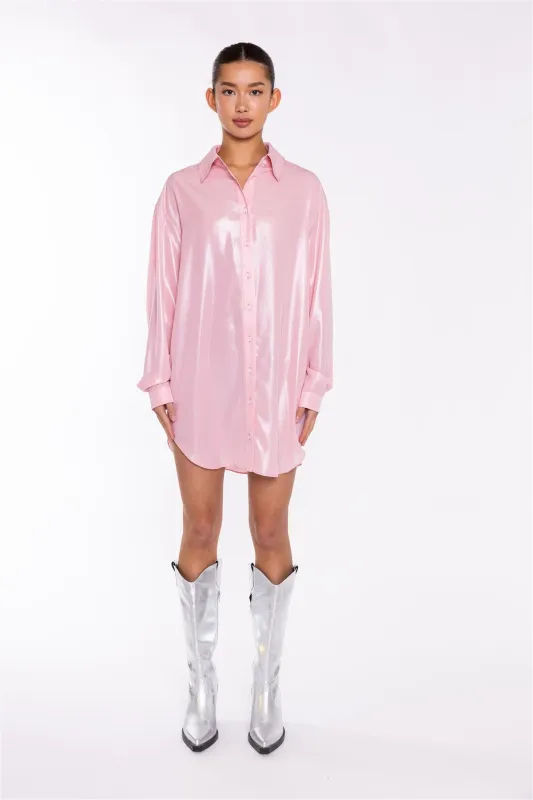 Candy-Pink Shimmer Shirt Mini-Dress made by Glamorous