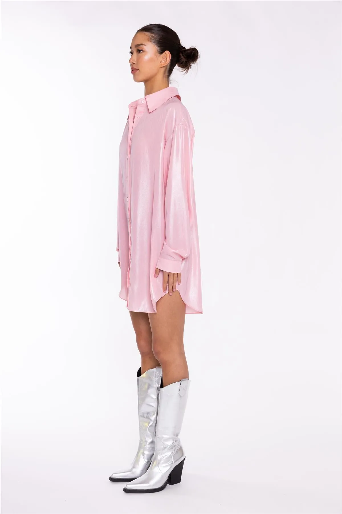 Candy-Pink Shimmer Shirt Mini-Dress sold by Glamorous product image thumbnail 4