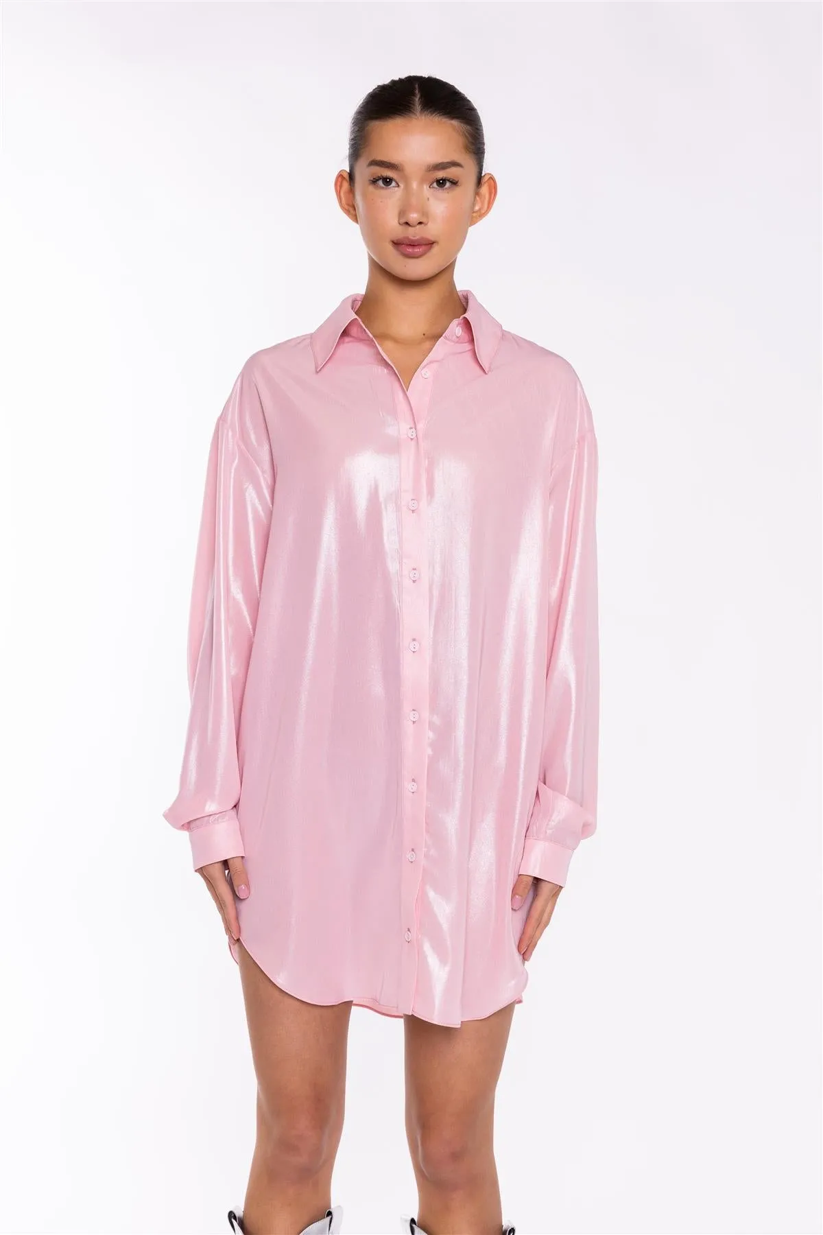 Candy-Pink Shimmer Shirt Mini-Dress sold by Glamorous product image thumbnail 3
