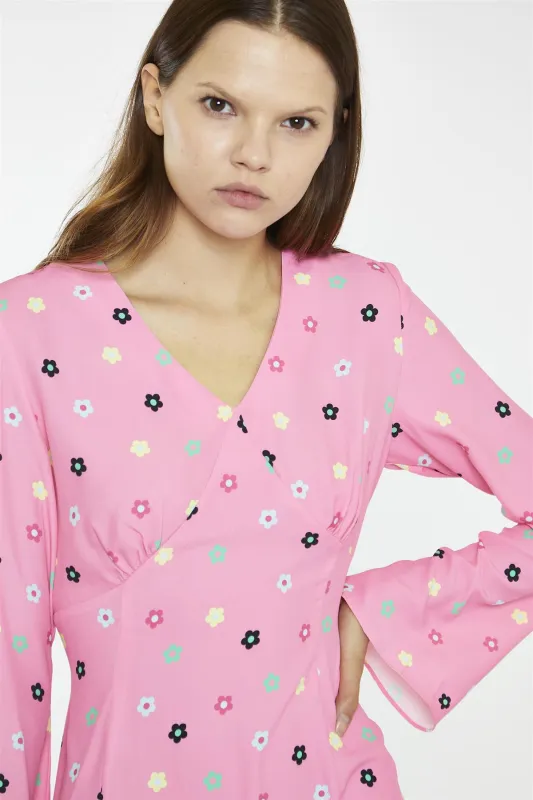 Pink Multi-Flower Fluted Sleeve Mini-Dress sold by Glamorous