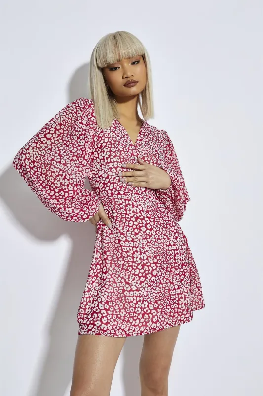 Red-Leopard Chiffon Wrap Mini-Dress sold by Glamorous