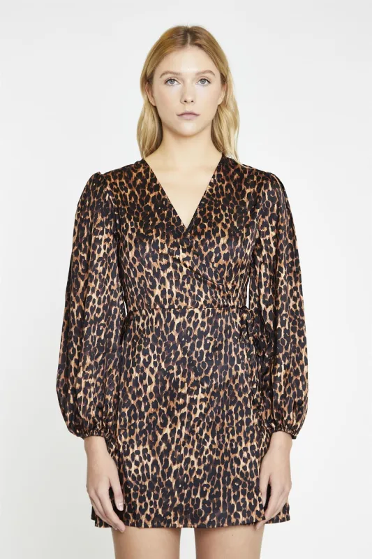 Brown Leopard Wrap Mini-Dress sold by Glamorous