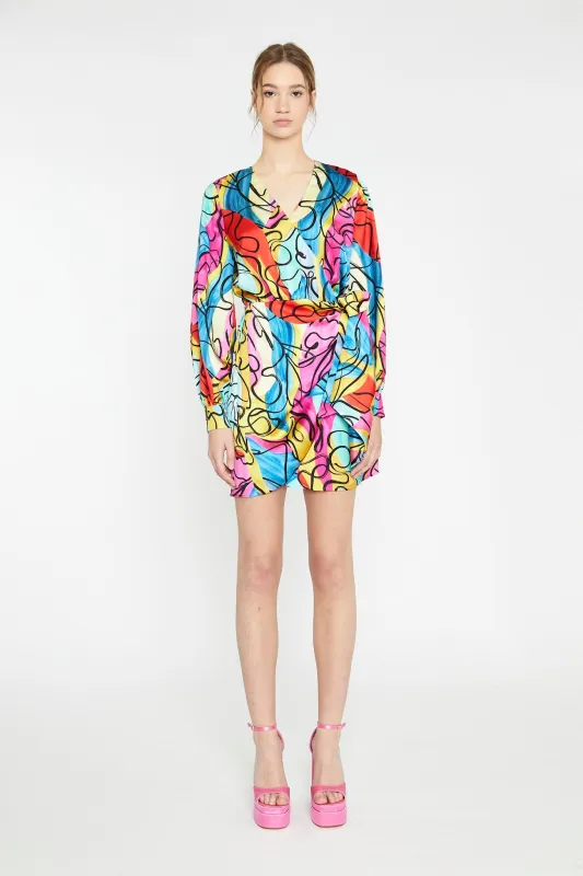 Multi-Abstract Scribble Wrap Mini-Dress sold by Glamorous