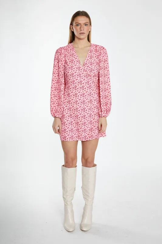 Raspberry Ditsy V-Neck Wrap Mini Dress sold by Glamorous