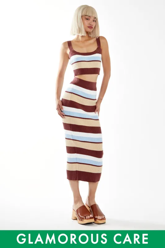 Blue-Brown Stripe Rib Knit Midi-Skirt sold by Glamorous