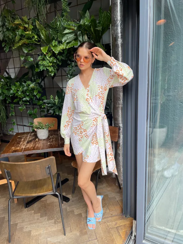 Multi Leopard Wrap Mini Dress sold by Glamorous