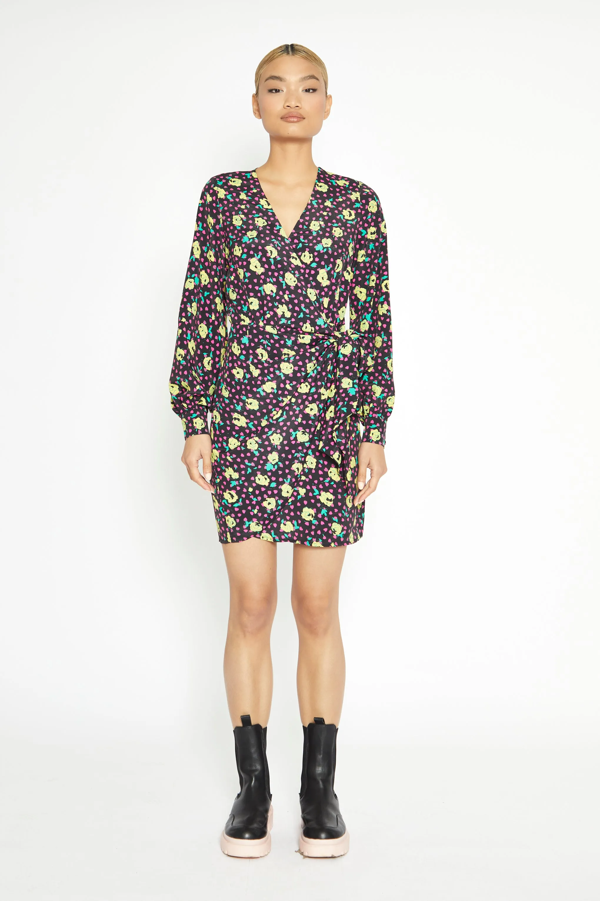 Glamorous Black Multi Rose Mini Wrap Dress sold by Glamorous