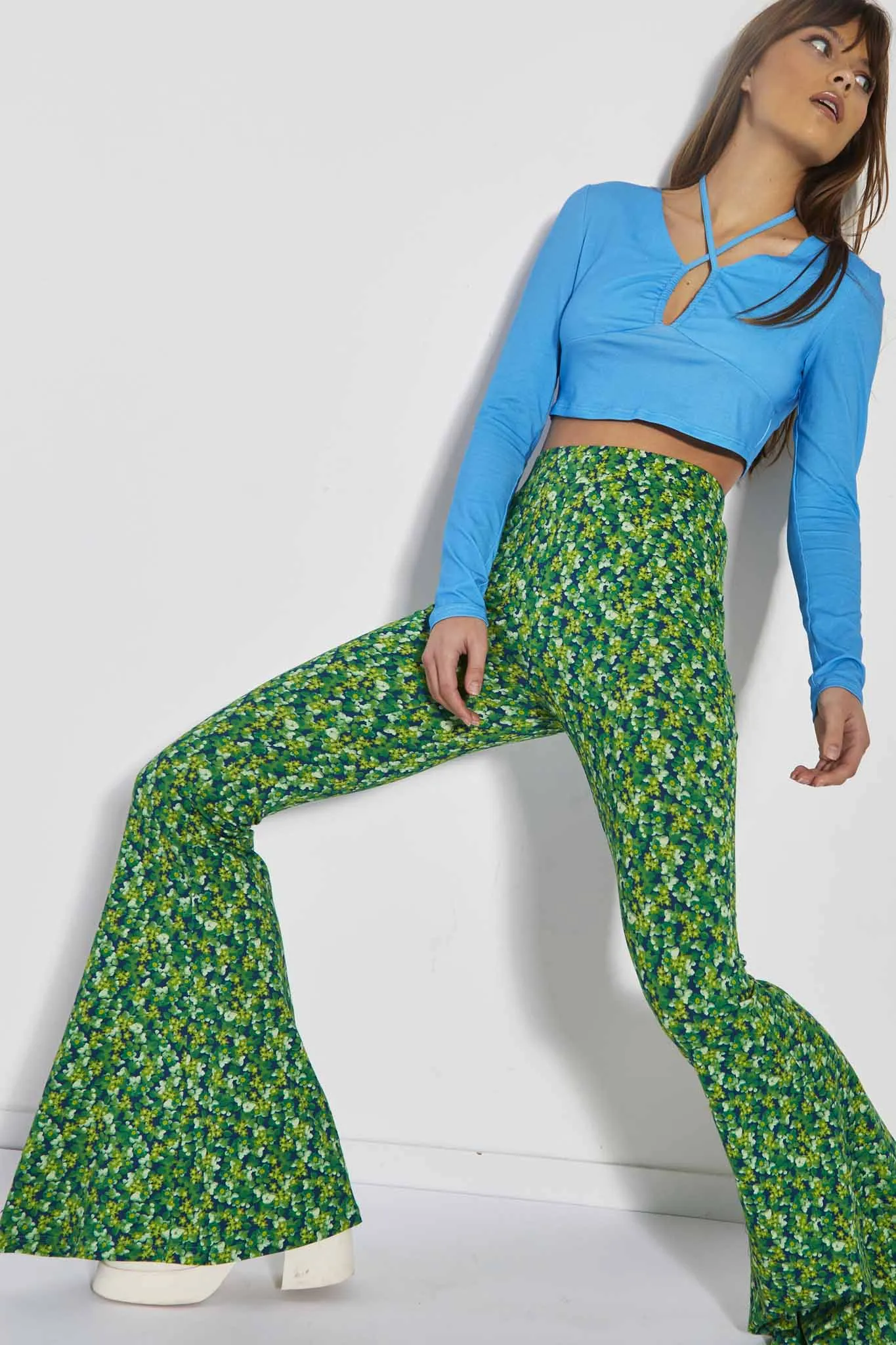 Glamorous Care Lime Blue Floral Skinny Fit Flared Trousers sold by Glamorous product image thumbnail 3