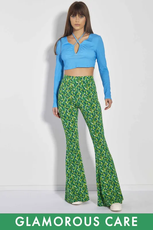 Glamorous Care Lime Blue Floral Skinny Fit Flared Trousers sold by Glamorous