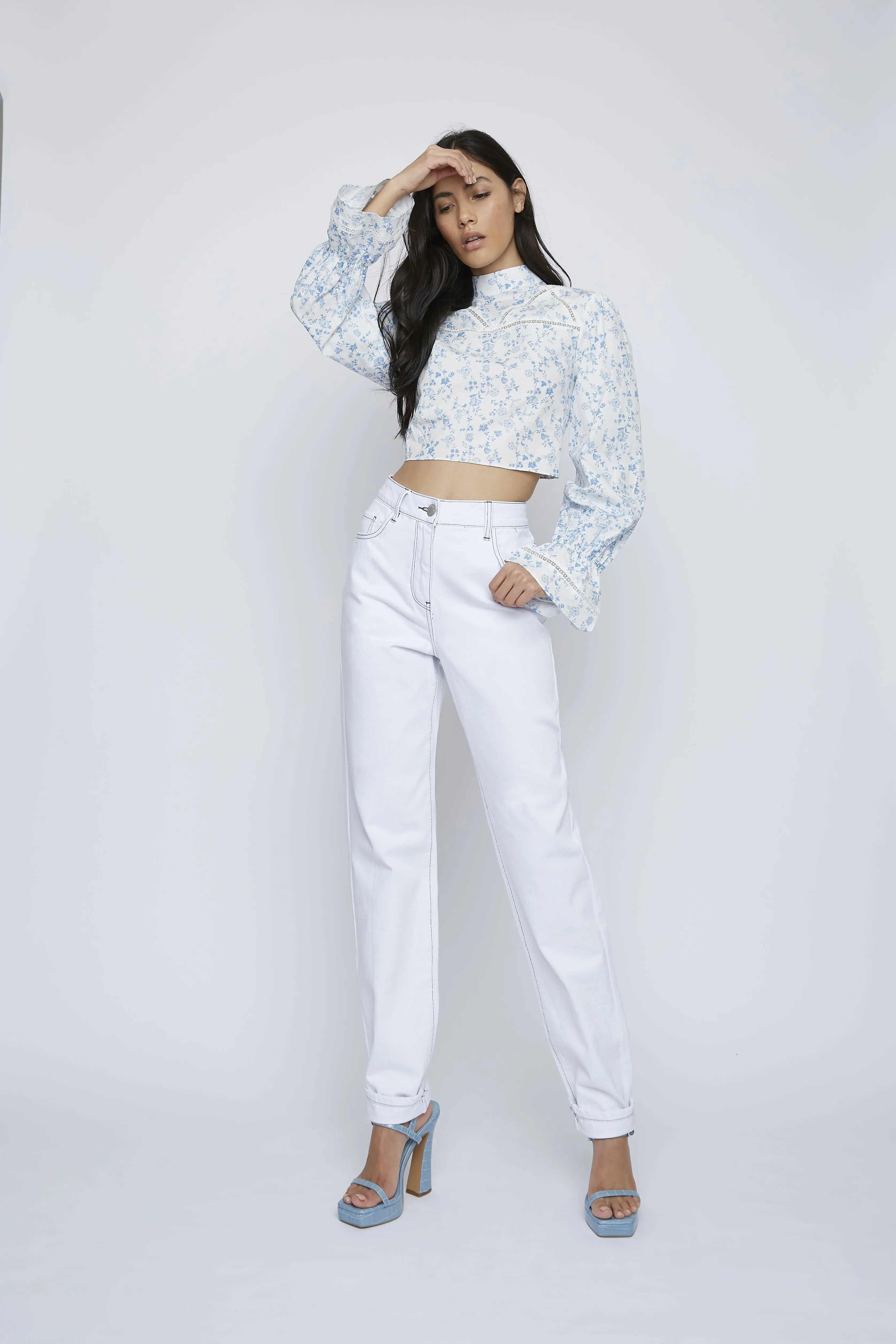 Glamorous Blue Chintz High Neck Crochet Detail Blouse sold by Glamorous product image thumbnail 3