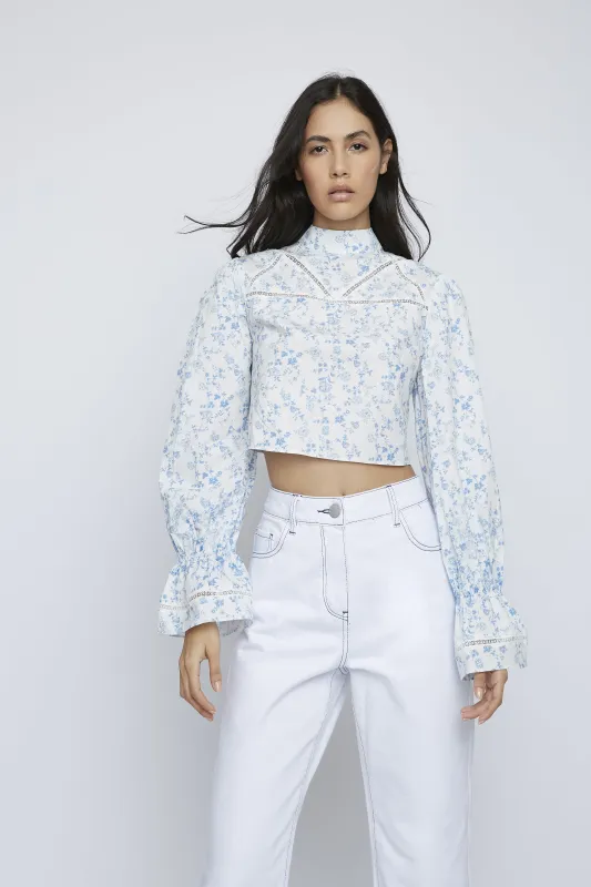 Glamorous Blue Chintz High Neck Crochet Detail Blouse sold by Glamorous