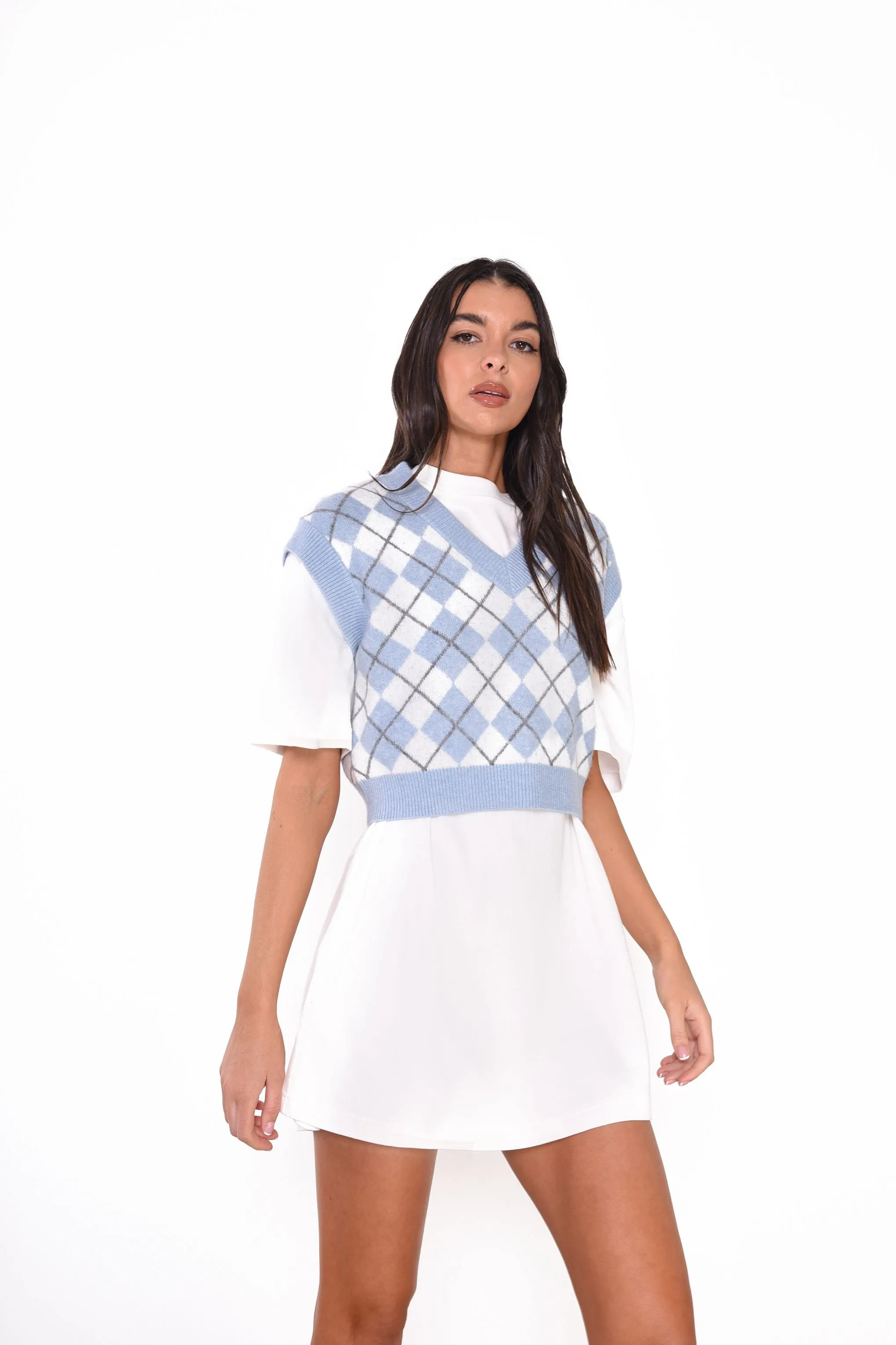 Glamorous Blue Argyle Sleeveless Knit Crop Jumper sold by Glamorous product image thumbnail 3