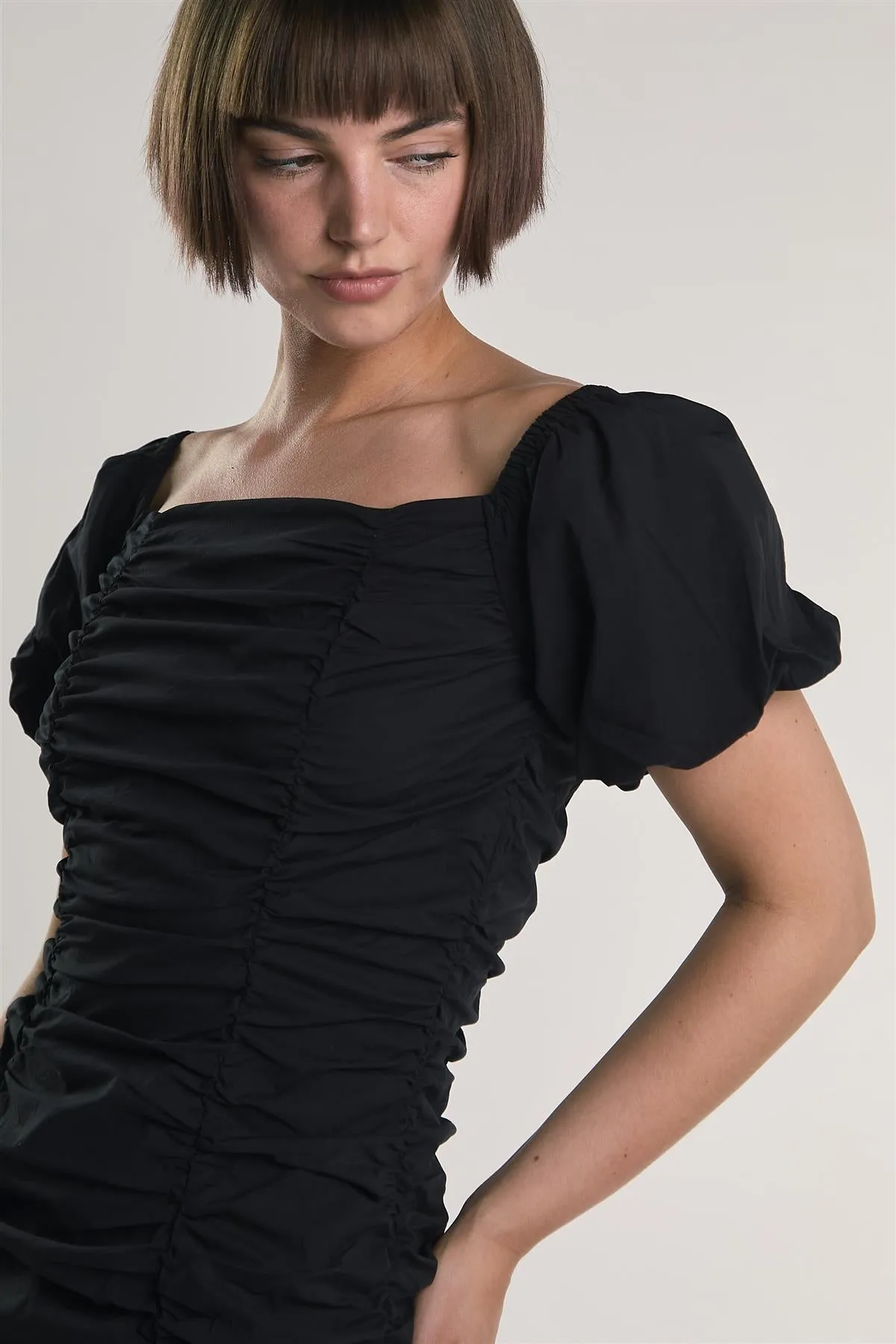 Black Puff-Sleeve-Gathered Mini-Dress sold by Glamorous product image thumbnail 3