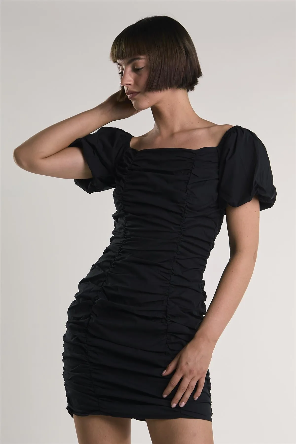 Black Puff-Sleeve-Gathered Mini-Dress sold by Glamorous product image thumbnail 4