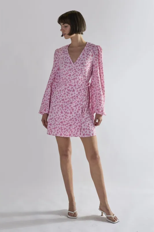 Pink-Fuschia-Ditsy Wrap Mini-Dress sold by Glamorous