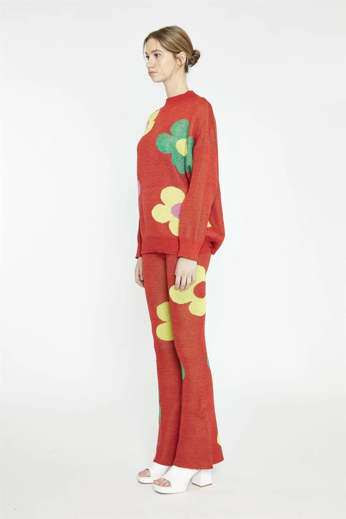 Red-Multi-Glitter Floral-Knit Flared-Leggings sold by Glamorous
