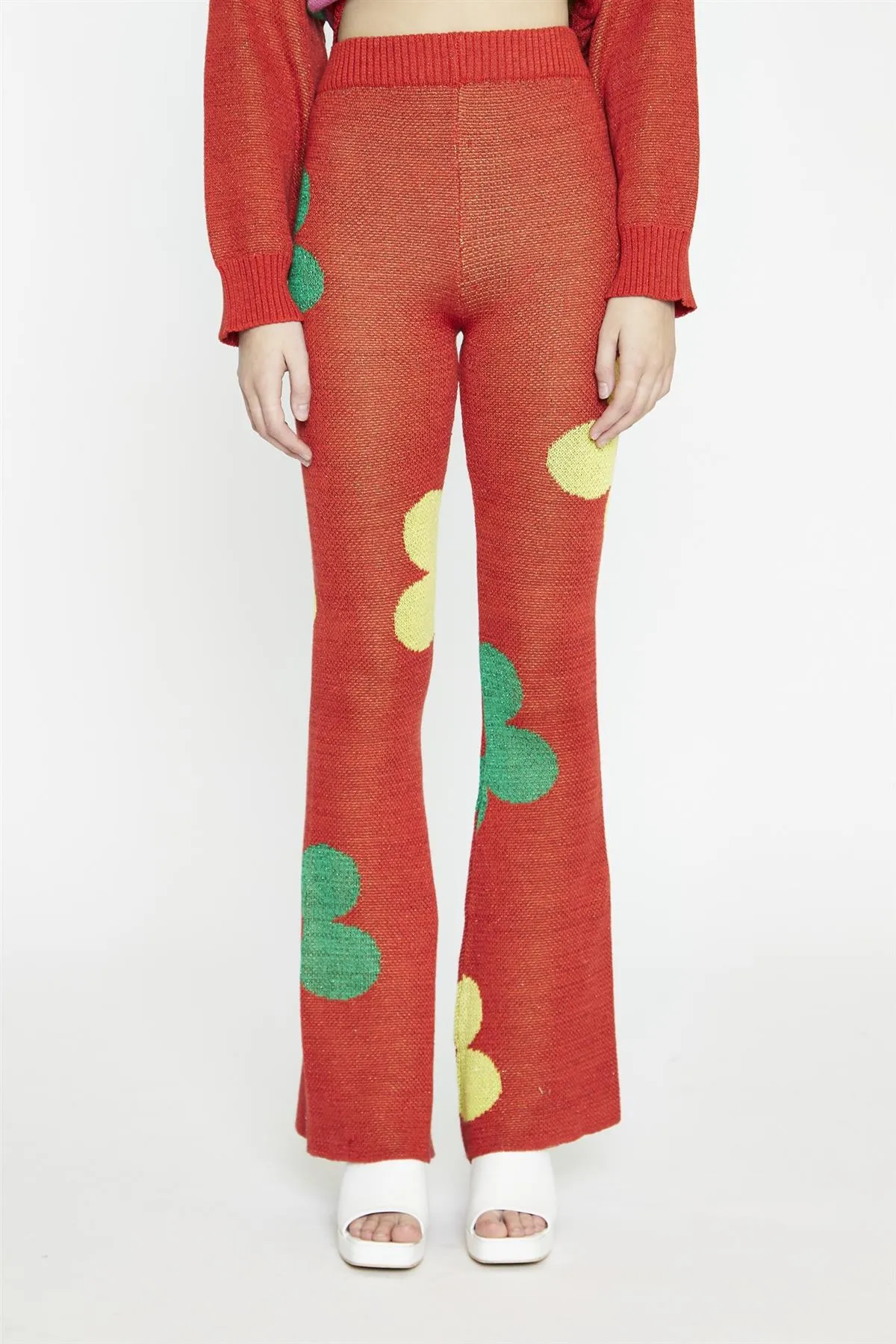 Red-Multi-Glitter Floral-Knit Flared-Leggings sold by Glamorous product image thumbnail 4