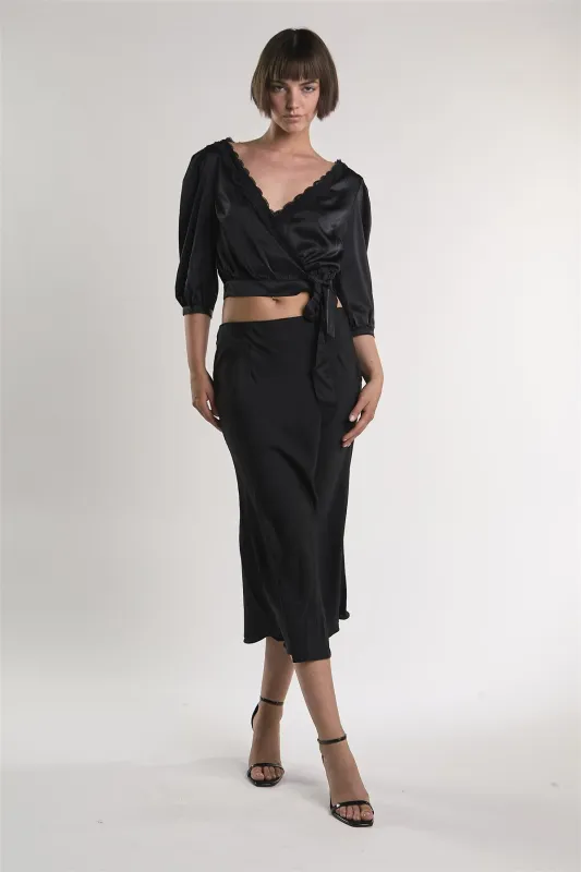 Black Satin Midi Skirt sold by Glamorous