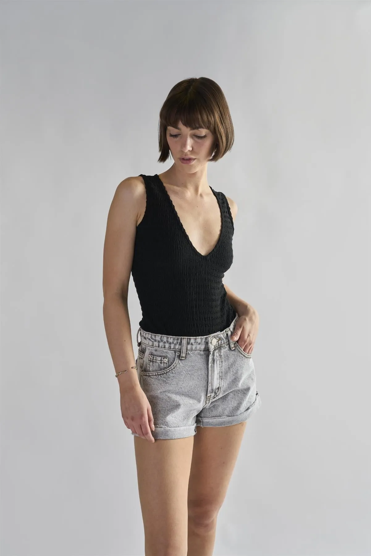 Black-Textured V Neck Ribbed Bodysuit sold by Glamorous product image thumbnail 3