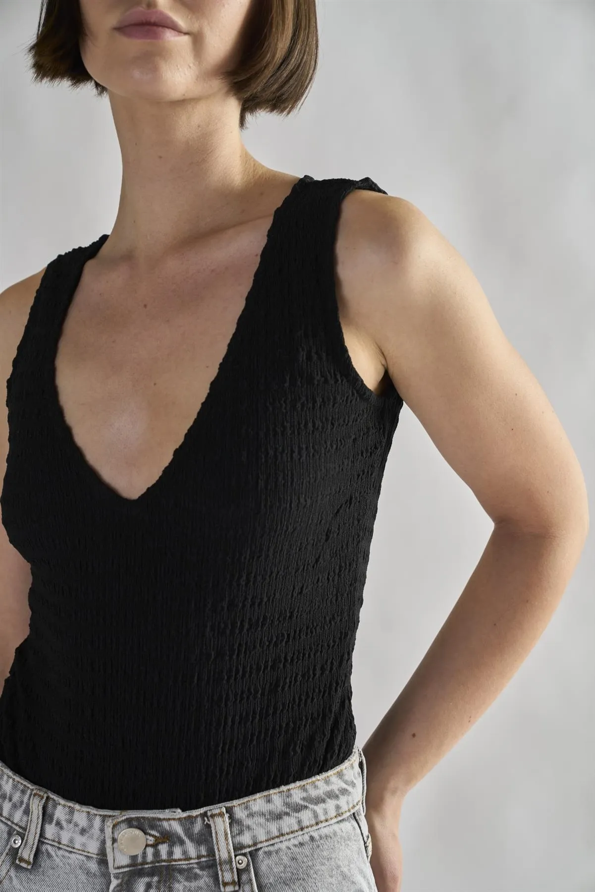 Black-Textured V Neck Ribbed Bodysuit sold by Glamorous product image thumbnail 4