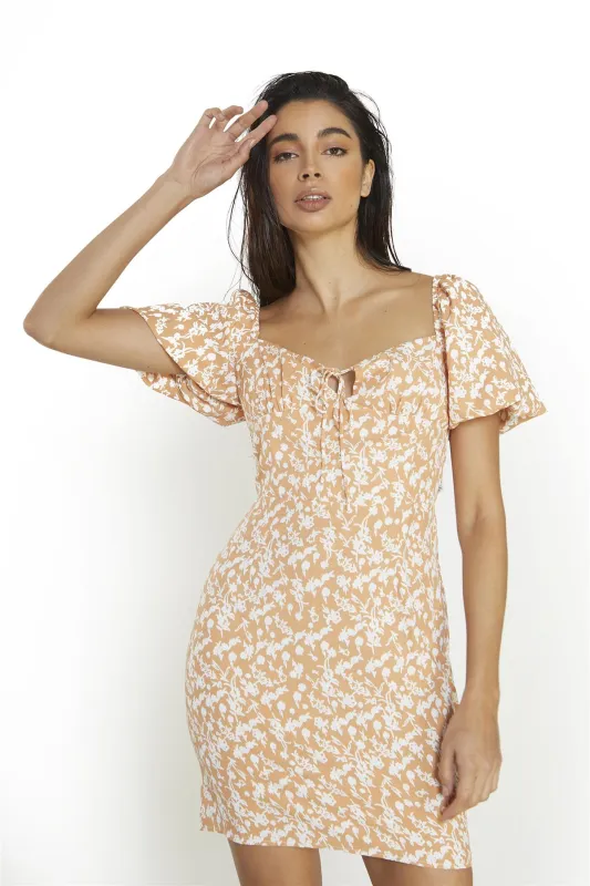 Orange-Sketchy-Flower Scoop-Neck-Short-Sleeve-Mini-Dresses sold by Glamorous
