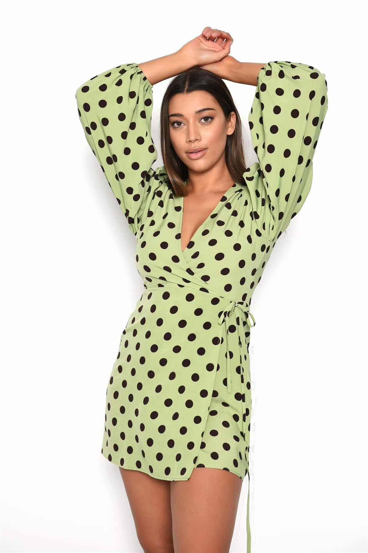 Green Brown Polka Dot Wrap Mini-Dress sold by Glamorous product image thumbnail 3