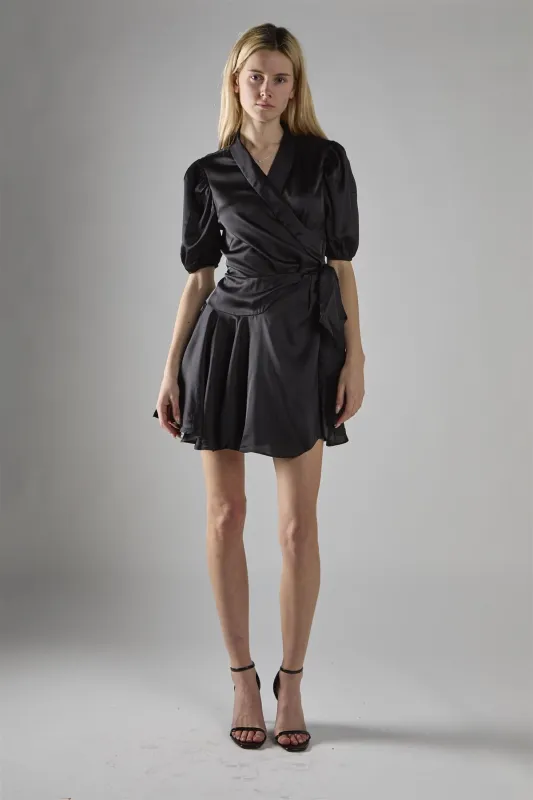 Black Sateen V-Neck Wrap Mini-Dress sold by Glamorous