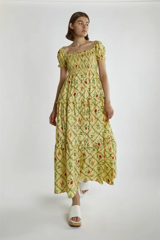 Yellow Floral-Lattice Scoop Neck Maxi-Dress sold by Glamorous
