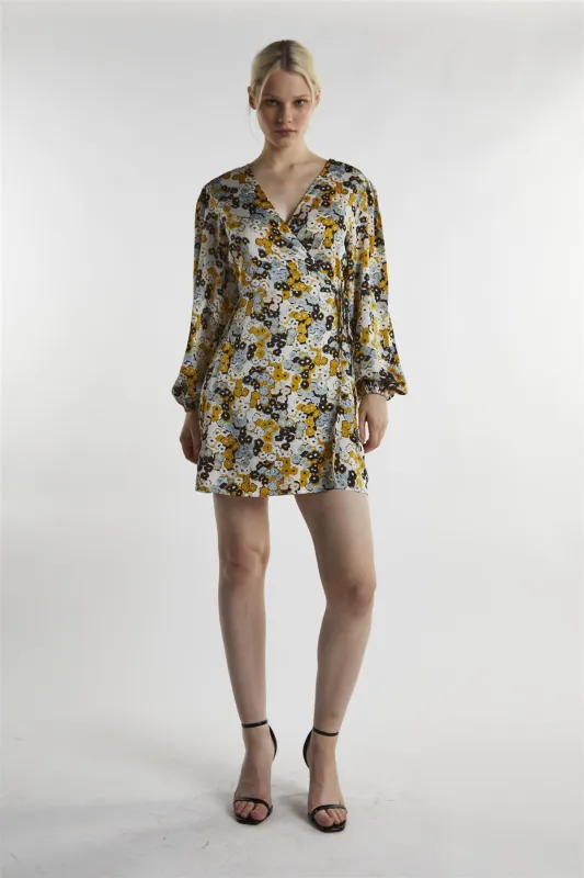 Mustard-Floral Wrap Mini-Dress sold by Glamorous