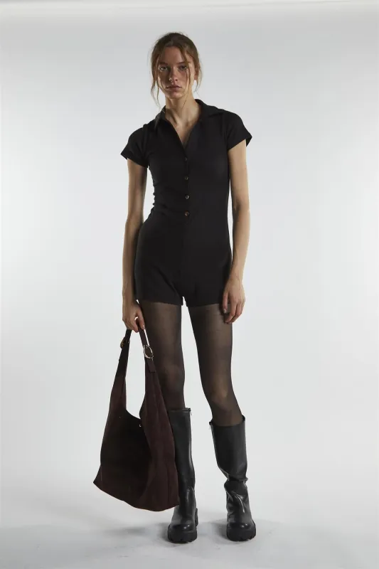 Black Button-Front Playsuit sold by Glamorous