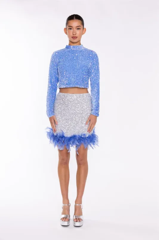 Silver-Sequin Blue Feather-Hem Mini-Skirt sold by Glamorous