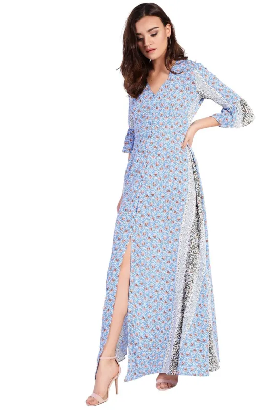 Blue-Rust Border Button-Front Maxi-Dress made by Glamorous