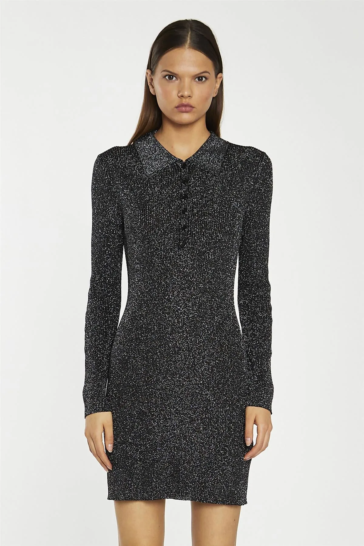 Black-Silver Rib Button-Up Collar Mini-Dress sold by Glamorous