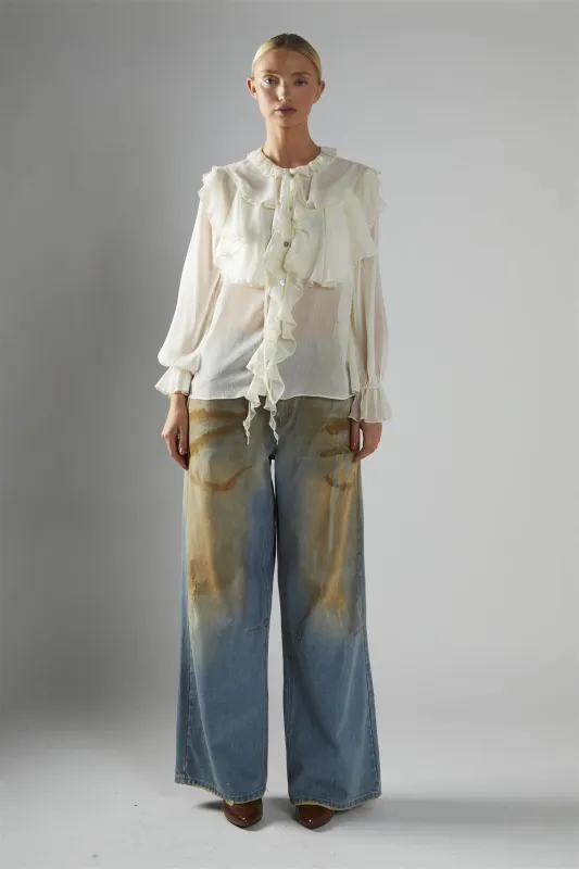 Cream Button-Front-Ruffle Blouse sold by Glamorous