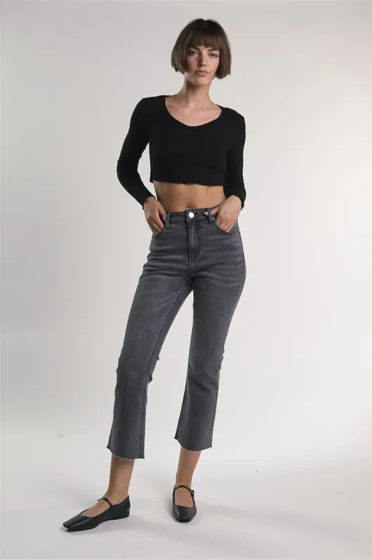 Black V-Neck-Lettuce-Trim Long Sleeve-Top sold by Glamorous